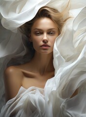 Photo of a beautiful woman surrounded by a light flowing fabric that flutters in the wind, close-up