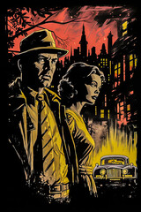 Film Noir Adventure.  Generated Image.  A red, black and yellow digital illustration of a Film Noir adventure in a graphic novel style.