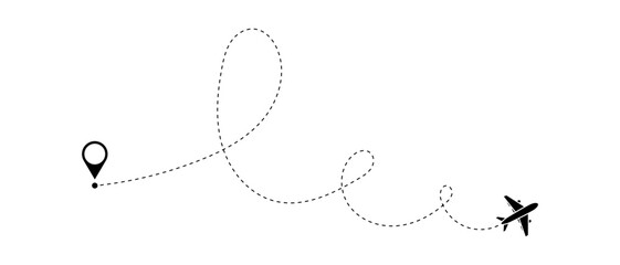 Airplane routes set. Aircraft planes tracking, travel, location pins, map pins. Plane, airplane, aircraft paths. Vector illustration.