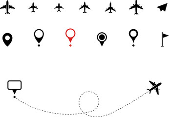 Airplane routes set. Aircraft planes tracking, travel, location pins, map pins. Plane, airplane, aircraft paths. Vector illustration.