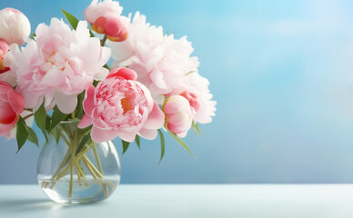 Fototapeta premium Selective focus on a bouquet of fresh tender white, pink, and red peonies in a glass vase against a pastel blue background