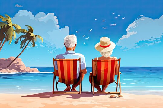 senior couple on paradise beach ocean summer vacation illustration