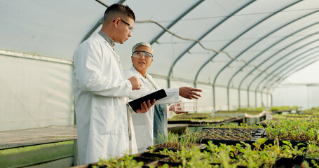 Science, tablet and people in a farm greenhouse for agriculture, sustainability or growth in...
