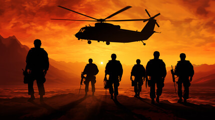 Fototapeta na wymiar Silhouette of US Army Marines with a support helicopter.