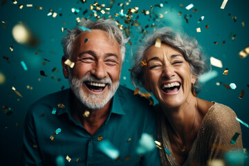 Happy laughing senior couple women and man with glasses and falling confetti on teal blue background. Modern old guy with smile celebrating at party. Winning Lottery. Generative AI. - obrazy, fototapety, plakaty