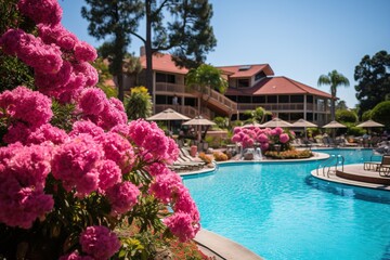 Fototapeta na wymiar View of a beautiful hotel with a large swimming pool and pink flowers on the premises. Luxury travel vacation. Generative AI