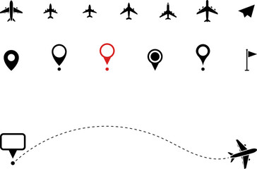 Airplane routes set. Aircraft planes tracking, travel, location pins, map pins. Plane, airplane, aircraft paths. Vector illustration.
