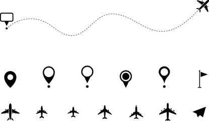 Obraz premium Airplane routes set. Aircraft planes tracking, travel, location pins, map pins. Plane, airplane, aircraft paths. Vector illustration.