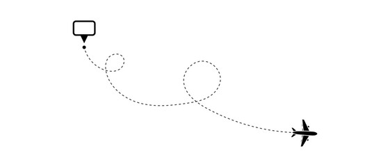 Airplane routes set. Aircraft planes tracking, travel, location pins, map pins. Plane, airplane, aircraft paths. Vector illustration.