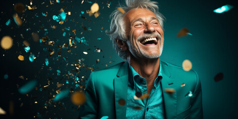 Happy laughing senior man grandad grandfather grandpa with glasses and falling confetti on teal blue background. Modern old guy with smile celebrating at party. Winning Lottery. Generative AI. - obrazy, fototapety, plakaty