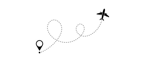 Airplane routes set. Aircraft planes tracking, travel, location pins, map pins. Plane, airplane, aircraft paths. Vector illustration.