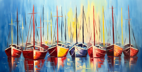 Rough colorful painting texture with oil brushstroke of sailboats. Background illustration. - obrazy, fototapety, plakaty