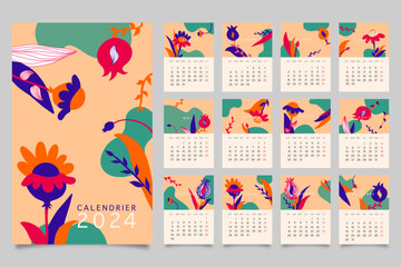 Calendrier 2024 carte des mois de l'année motifs fleurs grenade, jungle abstraite