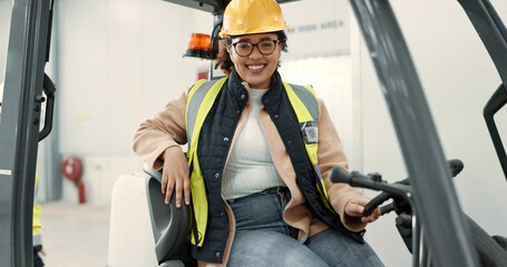 Engineer woman, forklift and smile in portrait for logistics, supply chain or working in warehouse. Employee, helmet and reflective gear for safety at shipping workshop in vehicle for transportation