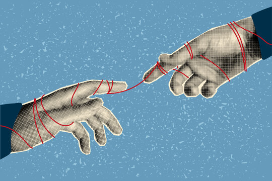 Halftone collage banner, two palms stretching towards each other and a thin red line between them. Red string theory.