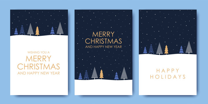 Merry Christmas and Happy New Year Christmas trees and snow on blue background, greeting cards, winter vector illustration.