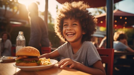 A joyful boy eating a burger in an outdoor restaurant as a Breakfast meal craving deal.