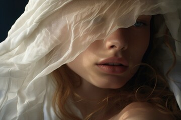 Photo of a beautiful woman surrounded by a light flowing fabric that flutters in the wind, close-up