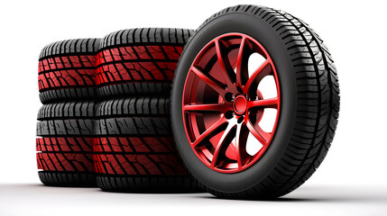 car tires with red alloy rims on white background, wheel rim with rubber tire