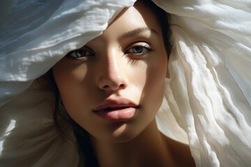 Photo of a beautiful woman surrounded by a light flowing fabric that flutters in the wind, close-up