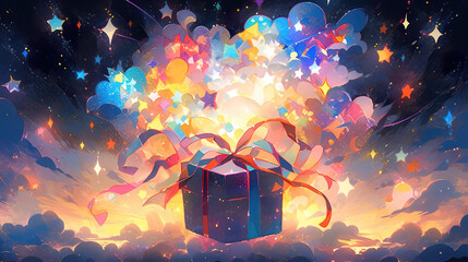 a wonderful birthday present gift card illustration, anime manga artwork - obrazy, fototapety, plakaty