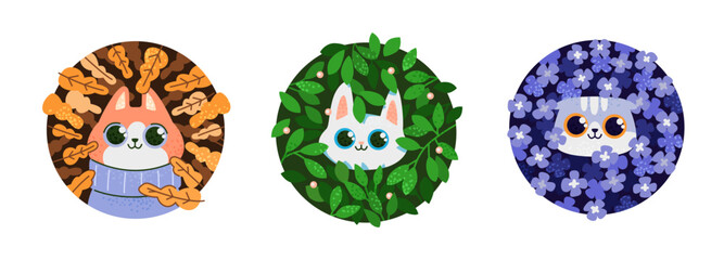 Set of cute cartoon cats in the foliage.