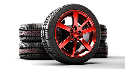 car tires with red alloy rims on white background, wheel rim with rubber tire