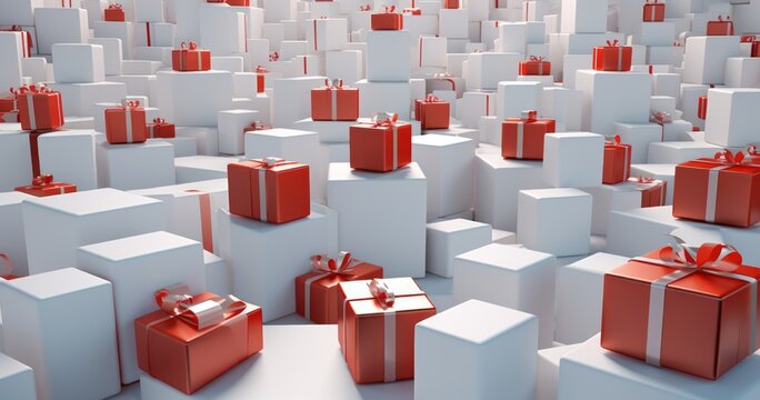 Valentine's day concept. gifts are white on red boxes with red ribbons. generative ai.