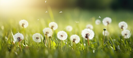 Natural background with white dandelion on green grass