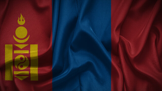 3d illustration flag of Mongolia. Close up waving flag of Mongolia.