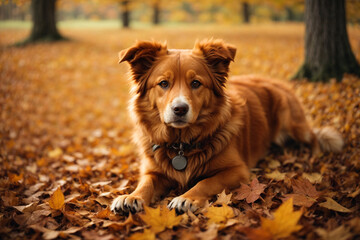 Autumn leaves falling on the ground behind a toller novascotian retriever working dog with floppy ears. Generative AI.