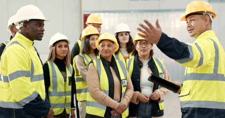 Construction site, teamwork and people in presentation for planning, meeting and discussion in...