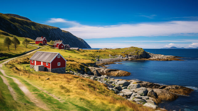Norwegian landscape with traditional old red wooden