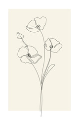 Abstract floral poster. Minimal poppy flowers, minimalist one line drawing - floral background. Vector illustration.
