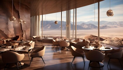 Desert Oasis Dining: Luxurious and Ultra-Modern Hotel Interior with Desert View