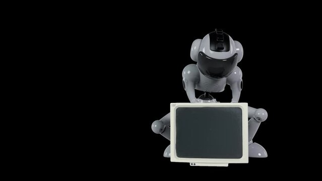 the zombie robot is looking for something useful in an old computer monitor