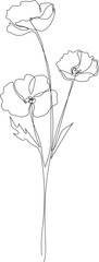 One line flower drawing. Minimalistic poppy flowers art for prints. Floral design, black and white vector illustration.