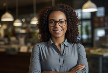 image of a happy, confident, modern 30-something African businesswoman at a new business premises. dramatic lighting with sunlight, early morning shot. 