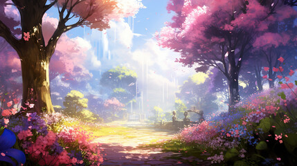 a wonderful entrance scenery of a big garden in anime look