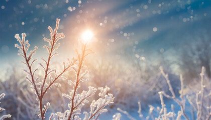 Glistening hoarfrost-covered branches in the sunlight during a winter landscape with a sun flare
