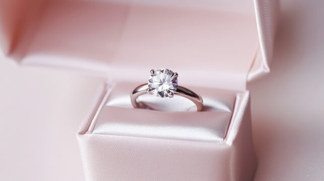 A diamond engagement ring in a pink ring box on a blurred pink background. The ring has a round diamond on a white gold band with six prongs. The ring box is light pink with a white interior.