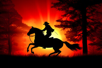 Silhouette Cowboy on horseback. Neural network AI generated art