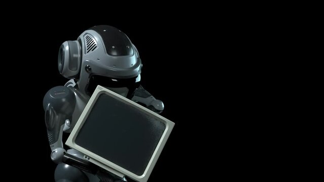 the robot is trying to find something useful in the old PS