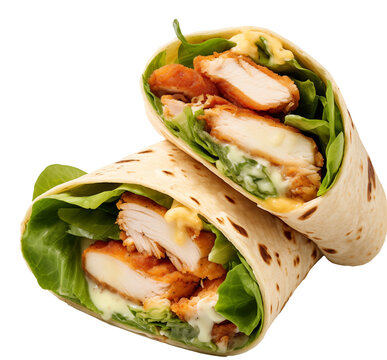 Chicken Caesar wrap with romaine lettuce and parmesan isolated on transparent background