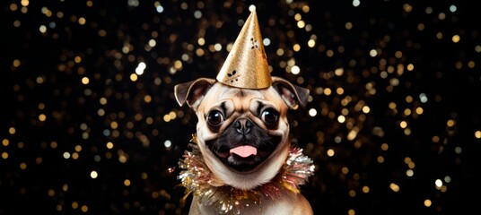 Obraz na płótnie Canvas Pug dog with party hat on New Year's Eve party, flying confetti on the background, banner wallpaper card, copy space for text
