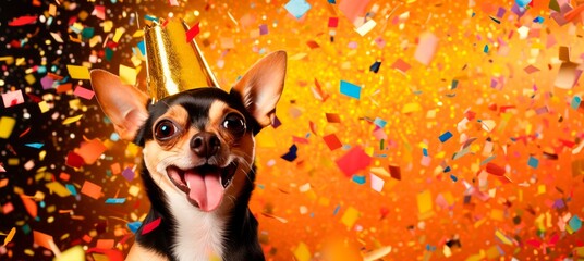 Chihuahua with party hat on New Year's Eve party, flying confetti on the background, banner wallpaper card, copy space for text