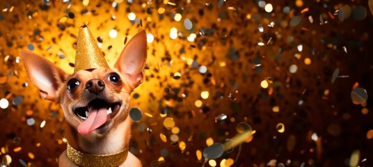 Chihuahua with party hat on New Year's Eve party, flying confetti on the background, banner wallpaper card, copy space for text