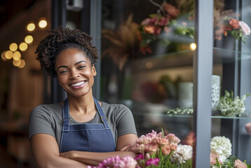 image of a happy, confident, modern 30-something African businesswoman standing outside a new flower shop holding a bunch of flowers. Happy contemplative look. lighting with sunlight, early morning sh