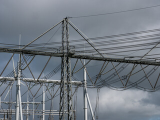 Electricity power lines and pylons, close up