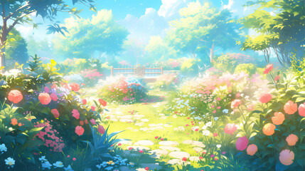 a wonderful shiny garden scenery in anime artstyle